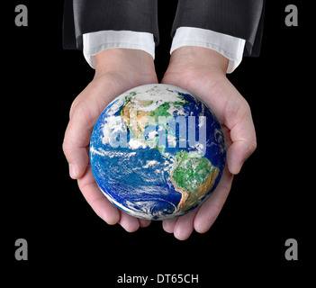 Businessman holding a globe in his hands. Elements of this image furnished by NASA Stock Photo