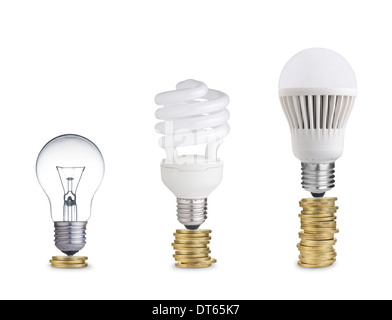 Money saved in different kinds of light bulbs. Isolated on white Stock Photo