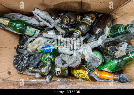 Molotov Cocktail petrol bombs on stand-by at the protester barricades on Grushevsky Street, Kiev. Stock Photo