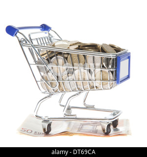 Shopping cart Euro notes and euro coins isolated on white Stock Photo