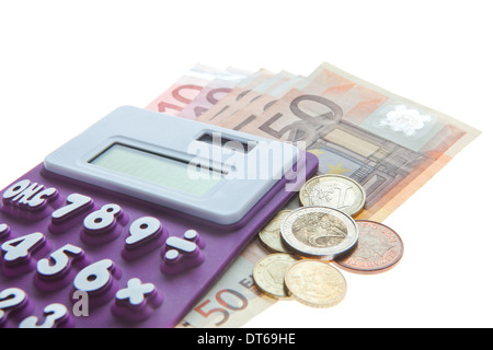 Arrangement of Calculator, Euro notes and Euro coins isolated on white Stock Photo