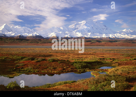 Tundra and kettle pond in Denali National Park, Alaska in the fall. Mount McKinley in the background. Stock Photo