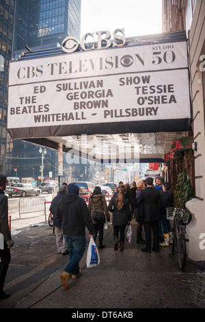 The Ed Sullivan Theater on Broadway in New York with the marquee duplicating the original Beatles marquee Stock Photo