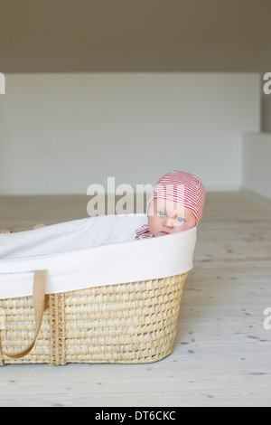 Portrait of baby girl in moses basket Stock Photo