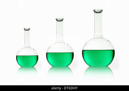 Three rounded shaped scientific chemical flasks holding green liquid, arranged in size order.
