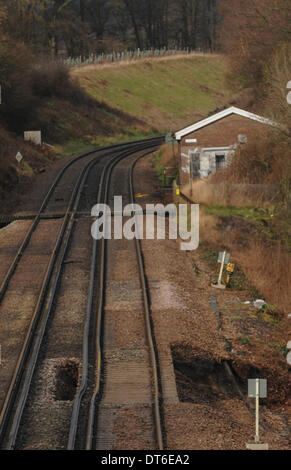 Stonegate, East Sussex, UK. 10th February 2014. Buckled railway track after landslip at Stonegate on the London to Hastings line.  Credit:  David Burr/Alamy Live News. Stock Photo
