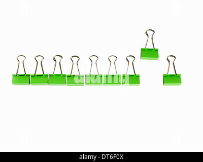 Green Office Supplies. Paperclips on a white background. Stock Photo