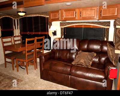 interior living room of a recreational vehicle for sale and on display Stock Photo