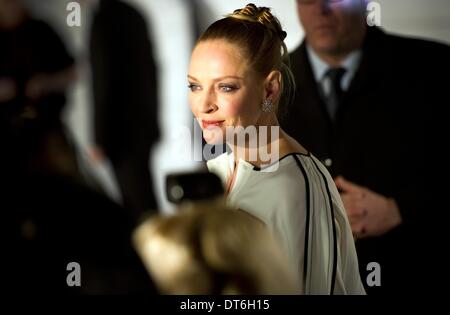 Berlin, Germany. 10th Feb, 2014. Actress Uma Thurman arrives for the gala of Cinema for Peace during the 64th annual Berlin Film Festival in Berlin, Germany, 10 February 2014. The award ceremony and gala take place annually as part of the Berlinale. Photo: DANIEL NAUPOLD/DPA/Alamy Live News Stock Photo