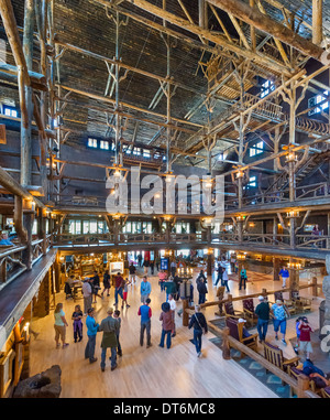 Lobby of the historic Old Faithful Inn, Upper Geyser Basin, Yellowstone National Park, Wyoming, USA Stock Photo