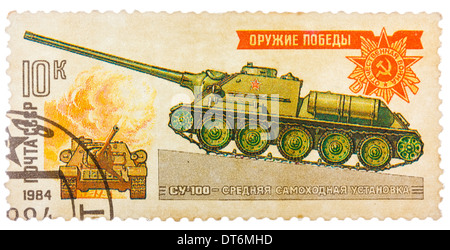 USSR - CIRCA 1984: postage stamp show Russian self-propelled gun SU-100, circa 1984 Stock Photo