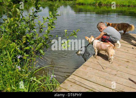 young boy fishing with two dogs Stock Photo