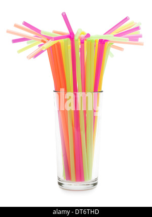 Colorful drinking straws in glass isolated on white background. Stock Photo