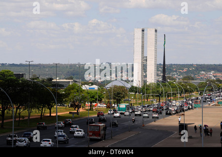 On Esplanada dos Ministerios and the twin towers of the National Congress of Brazil (Brazilian Parliament) in Brasilia, Brazil. Stock Photo
