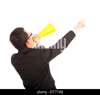 businessman forward pointing with cheering megaphone over white Stock Photo