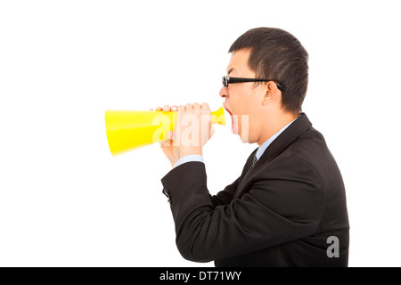 portrait of asian man yelling Into A Megaphone on white Stock Photo
