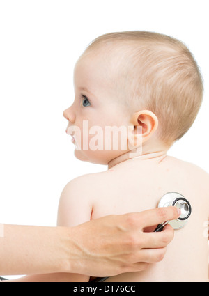 Pediatric doctor examining kid girl with stethoscope isolated on white Stock Photo