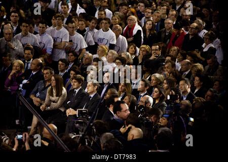 Paris, France. 10th Feb, 2014. Former French president Nicolas Sarkozy listens to a speech by French right-wing UMP party candidate for the March 2014 mayoral elections in Paris during a campaign meeting at the Gymnase Japy in Paris, on February 10, 2014. Credit:  Michael Bunel/NurPhoto/ZUMAPRESS.com/Alamy Live News Stock Photo