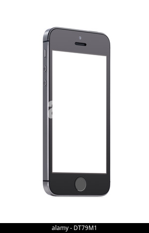 Bottom up view of rotated at a slight angle black modern mobile smart phone with blank screen isolated on white background. Stock Photo