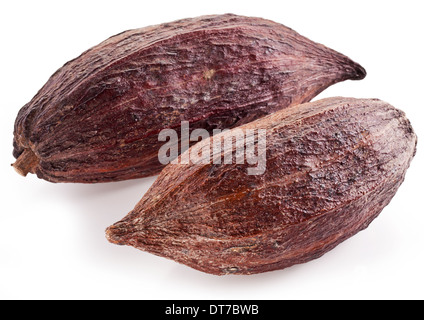 Two cocoa pods on a white background. Stock Photo