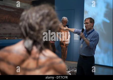 (SEE RESTRICTION): The Natural History Museum, London, UK. 11th February 2014.  Britain: One Million Years of the Human Story exhibition opens 13 February till 28 September 2014. Introduced here by Professor Chris Stringer, world-leading human origins researcher at the Museum, the exhibition features specially commissioned Neanderthal and Homo sapiens models that are the most life-like and scientifically accurate ever made. Credit:  Malcolm Park editorial/Alamy Live News Stock Photo