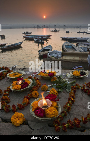 Kumbh Mela festival in Varanasi pilgrims sacred river Ganges to make offerings and swim in the sacred waters Varanasi India Stock Photo