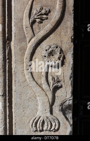 Detail of carving in Chiesa Santa Maria Della Rosa, Lucca, Tuscany, Italy Stock Photo