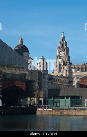 The Museum of Liverpool reflections. The Three graces. Stock Photo