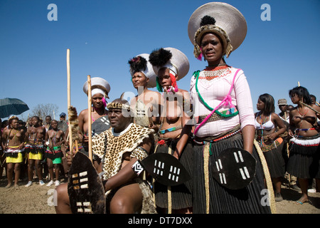 Zulu Bridegroom Milton Mbele marries his four Zulu Brides Thobile, Zanele, Smangele and Baqinisile at his home stead in rural Stock Photo