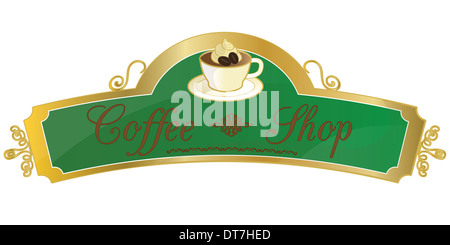 This file represents a coffee shop sign or label, with a calligraphic write and a cup of coffee with some cream and coffee grain Stock Photo