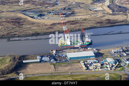 Offshore wind farm construction ship, moored on the river Tees, Teeside, North East England Stock Photo