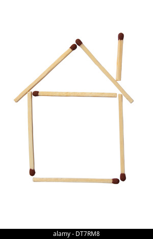 Small house made of stick matches isolated on white background with clipping path Stock Photo