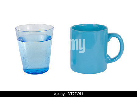 beach glass cup with blue top and blue straw on white table with gray white  background Stock Photo - Alamy