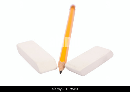 One pencil and two erasers isolated on white background Stock Photo