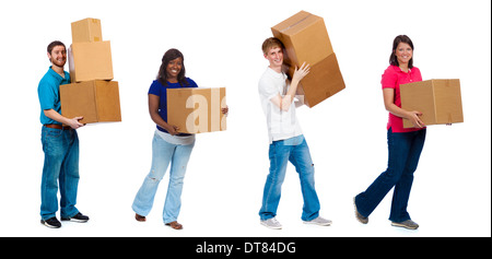 A group of college students and friends carrying moving boxes on a white background Stock Photo