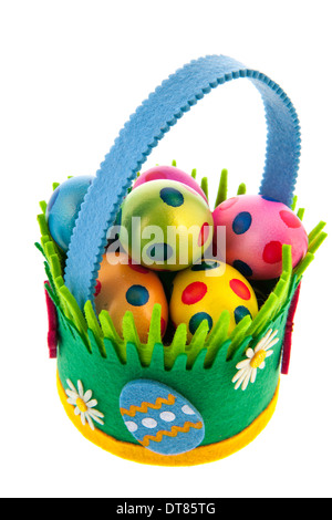 Felting basket full colorful easter eggs isolated over white background Stock Photo