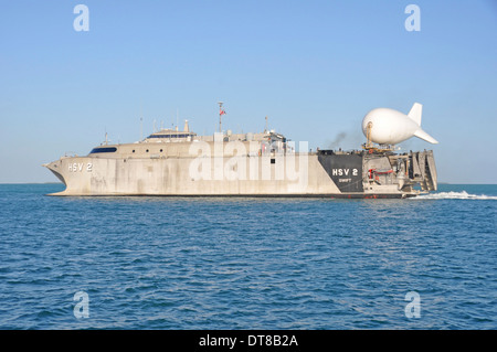 A TIF-25K aerostat tethered on the stern of high-speed vessel Swift. Stock Photo