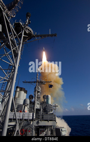 A Standard Missile-3 is launched from USS Lake Erie. Stock Photo