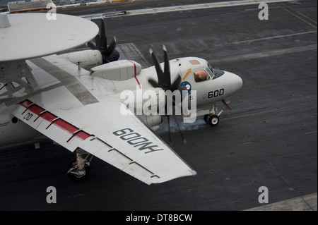 Gulf of Oman, July 15, 2013 - An E-2C Hawkeye lands on the flight deck of the aircraft carrier USS Nimitz. Stock Photo