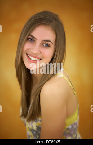 A teenage American girl with long brown hair Stock Photo
