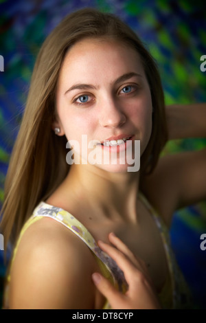 A teenage American girl with long brown hair Stock Photo