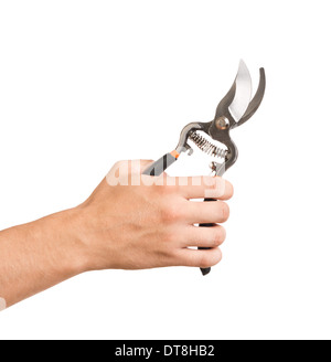 Garden scissors in man's hand Stock Photo