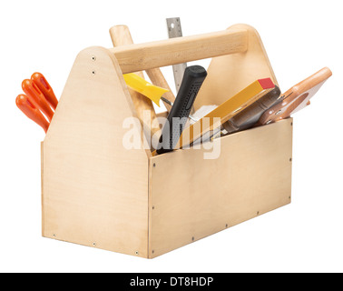 Wooden toolbox with tools isolated on white Stock Photo