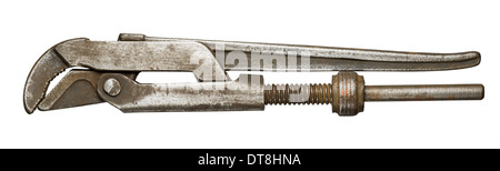 Old rusty adjustable wrench, isolated. Stock Photo
