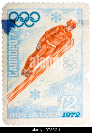 USSR - CIRCA 1972: A stamp printed in the USSR shows ski jumper, series honoring Olympics in Sapporo, Japan, circa 1972 Stock Photo