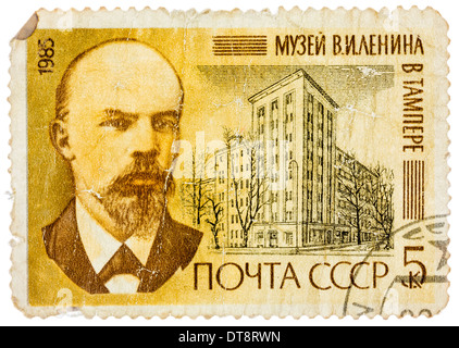 USSR - CIRCA 1983: Stamp printed in Russia shows Portraits and Lenin Museum, Prague, Czechoslovakia, circa 1983 Stock Photo