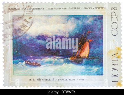 USSR - CIRCA 1974: Stamp printed in the Soviet Union shows part of pictures by Ivan Aivazovsky 'Stormy sea', circa 1974 Stock Photo