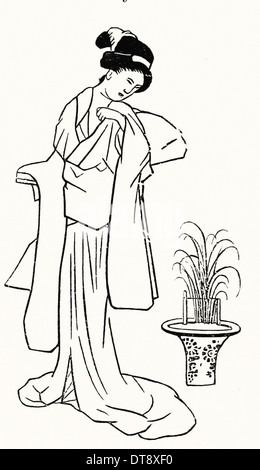 Girl with flowers - Japanese drawing XIX th century Stock Photo
