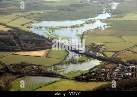 Aerial view of the flooded River Evenlode east end of Long Hanborough in Oxfordshire. This is a tributary of the River Thames.