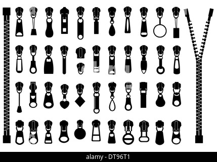 Set of different zippers isolated Stock Photo